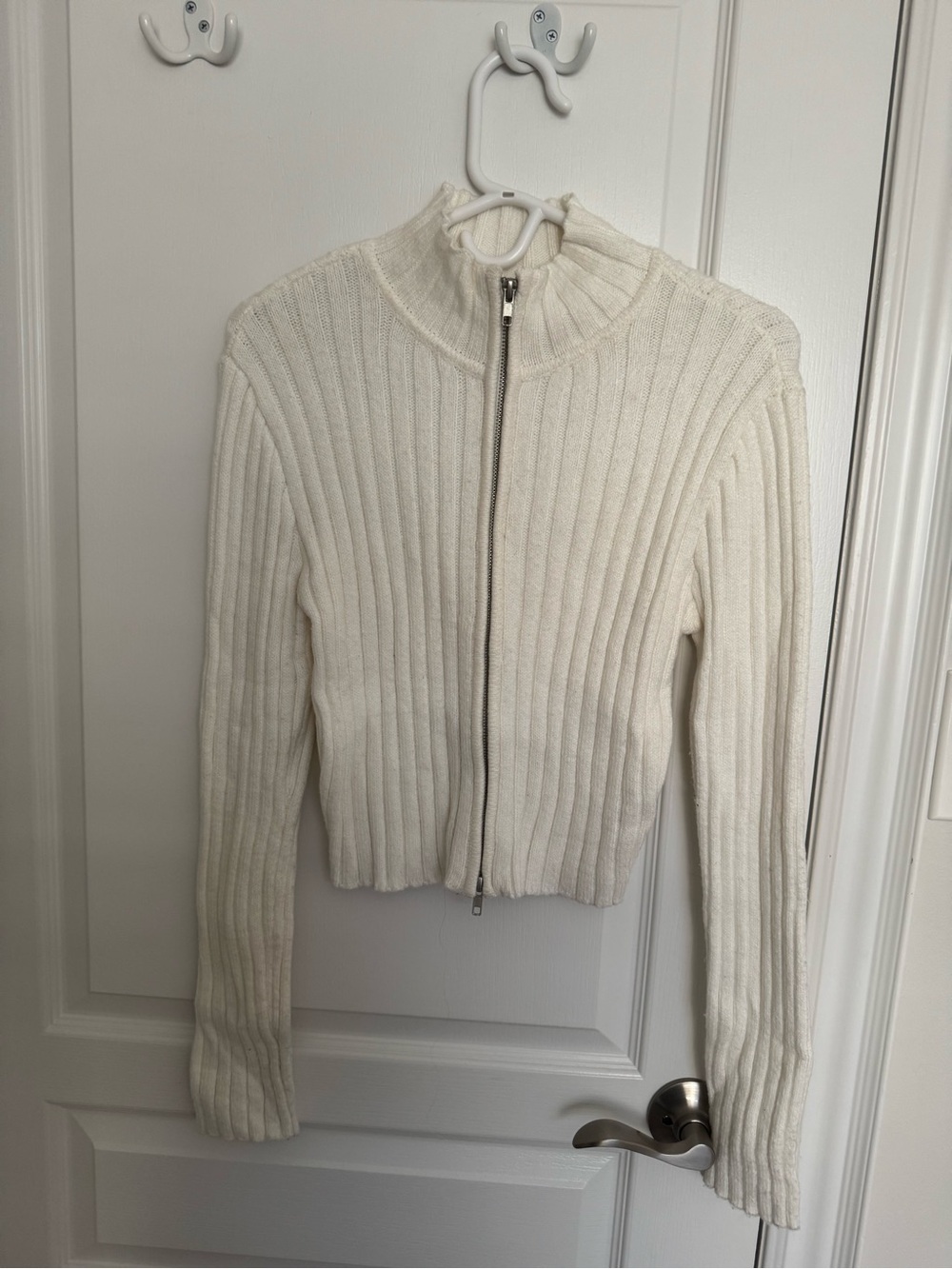 Garage Cream Ribbed Zip-Up Mock Collar Zip Up Sweater